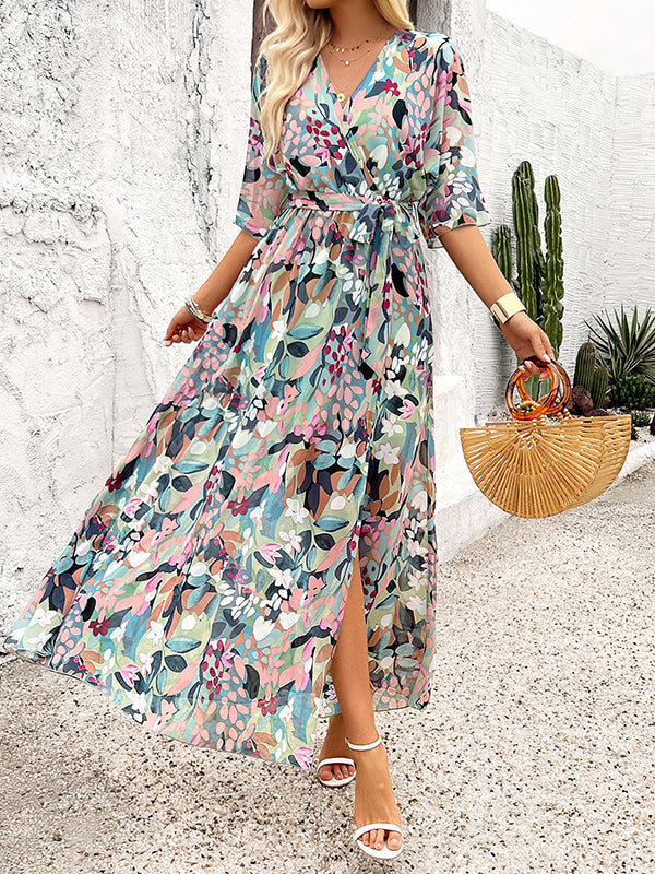 Flower Print Split-Side Tied Waist Half Sleeves Loose V-Neck Maxi Dresses