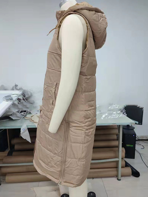 Buttoned Drawstring Keep Warm Solid Color Split-Joint Zipper Hooded Sleeveless Vest Outerwear Padded Coat