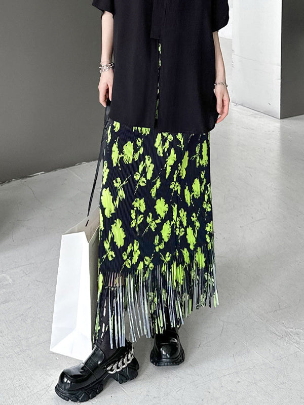 Pleated Printed Split-Joint Tasseled High Waisted H-Line Skirts