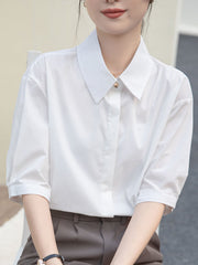 Buttoned Solid Color Split-Joint Half Sleeves Loose Lapel Blouses&Shirts Tops