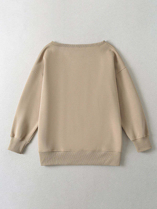 Solid Color Split-Joint Long Sleeves Loose Round-neck Sweatshirt Tops