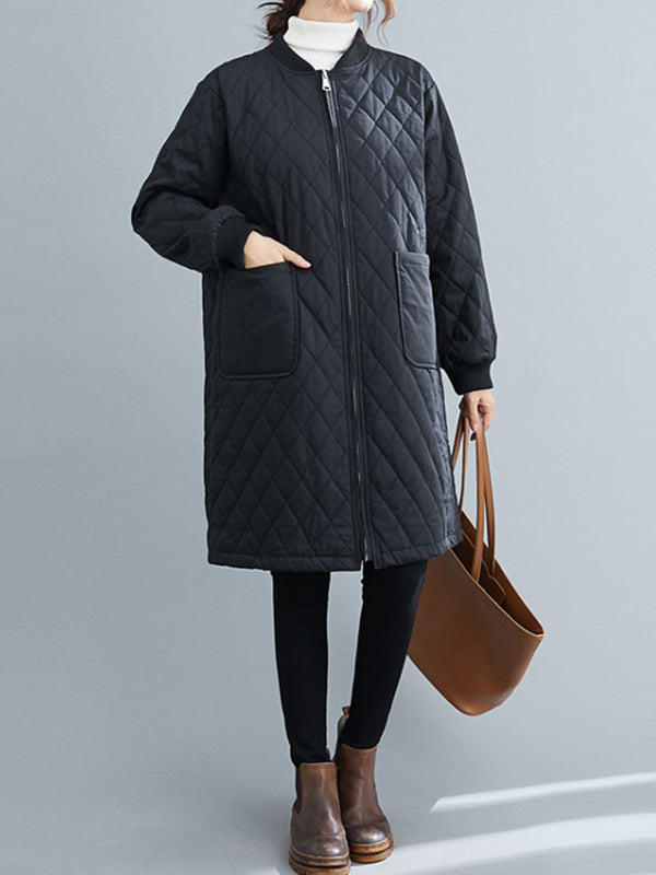 Pockets Quilted Solid Color Zipper Long Sleeves Loose Stand Collar Padded Coat