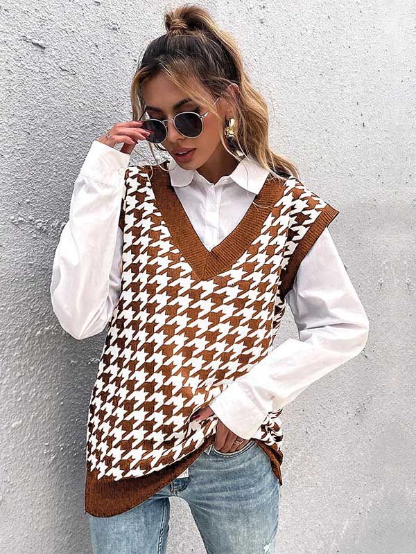 Vintage Loose Houndstooth V-Neck Vest Top