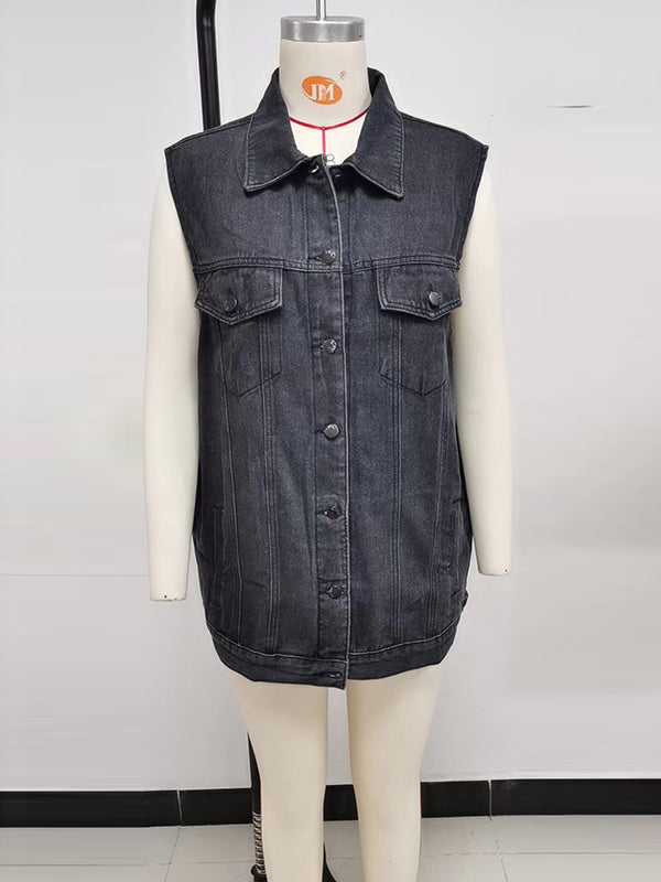 Buttoned Drawstring Pockets Split-Joint Loose Sleeveless Polo Vest Outerwear