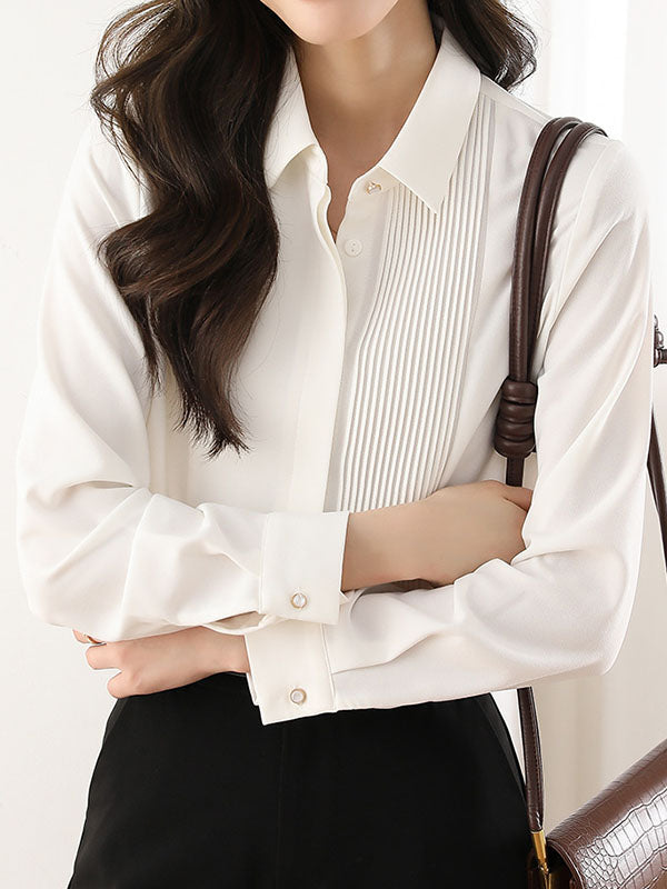 Buttoned Pleated Solid Color Long Sleeves Loose Lapel Blouses&Shirts Tops