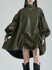 Drawstring Pleated Solid Color High-Low Long Sleeves Stand Collar Mini Dresses