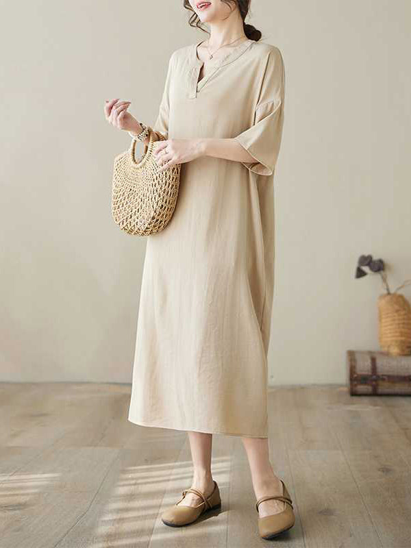 Knot Pockets Solid Color A-Line Loose V-Neck Midi Dresses