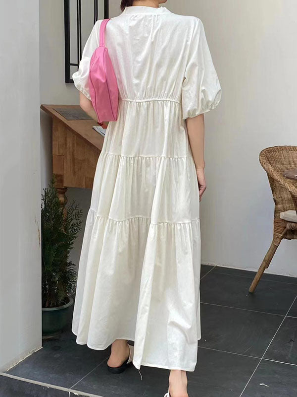 Embroidered Pleated Bishop Sleeve Loose V-neck Midi Dresses