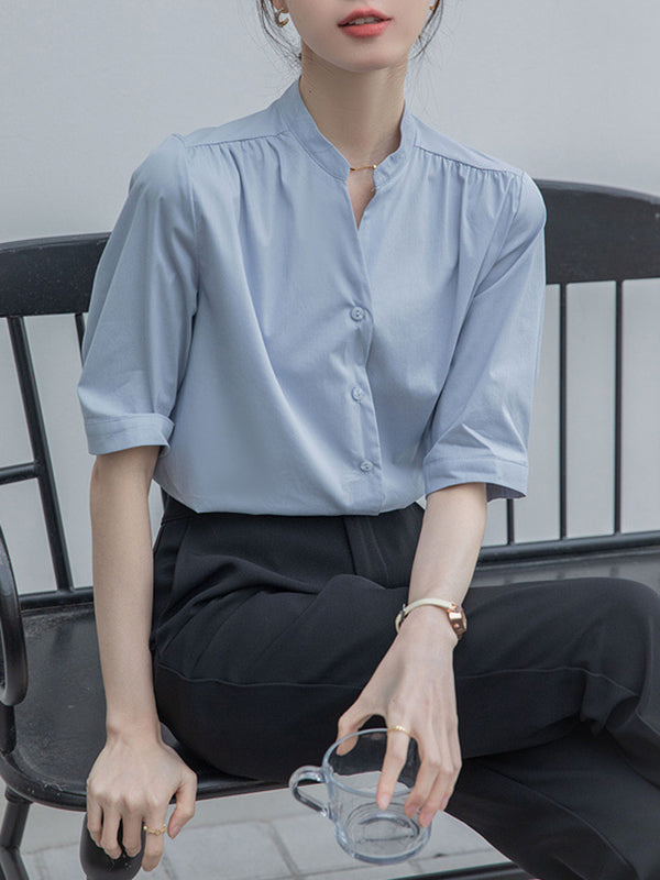 Buttoned Pleated Solid Color Split-Joint Half Sleeves Loose Stand Collar Blouses&Shirts Tops