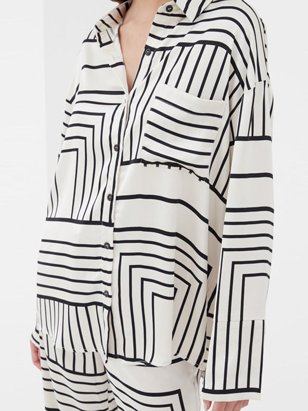 Casual Loose Printed Lapel Collar Blouses Tops & Wide Leg Pants Two Pieces Set