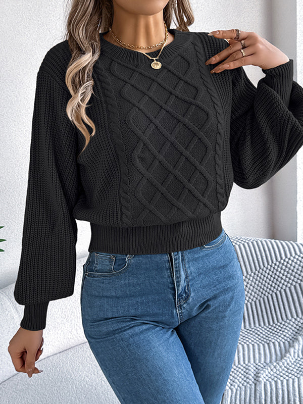 Cable Knit Solid Color Elasticated Waist Long Sleeves Round-Neck Sweater Tops Knit Top