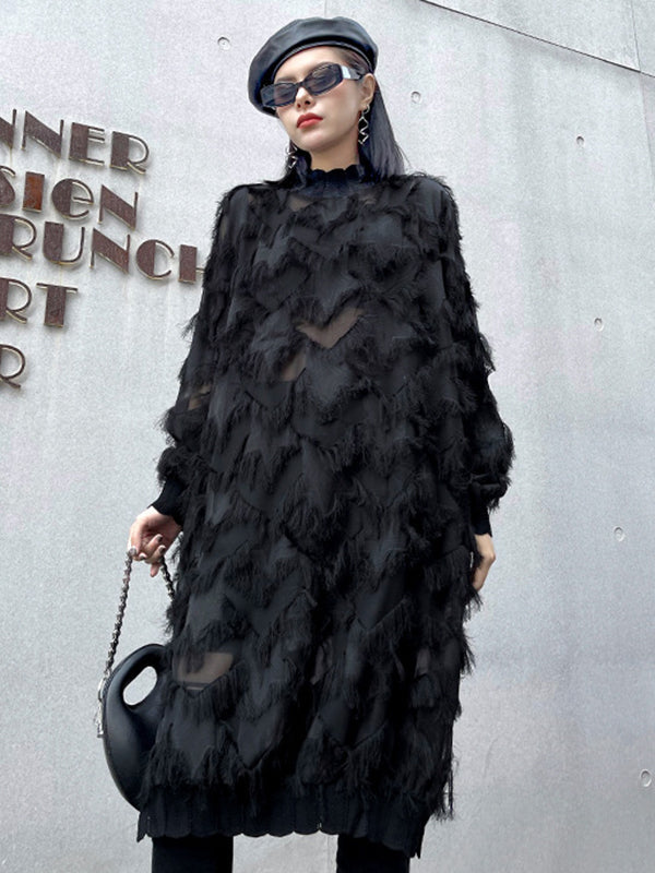 Asymmetric Mesh Pockets See-Through Solid Color Split-Joint Tasseled Irregularity Long Sleeves Stand Collar Midi Dresses