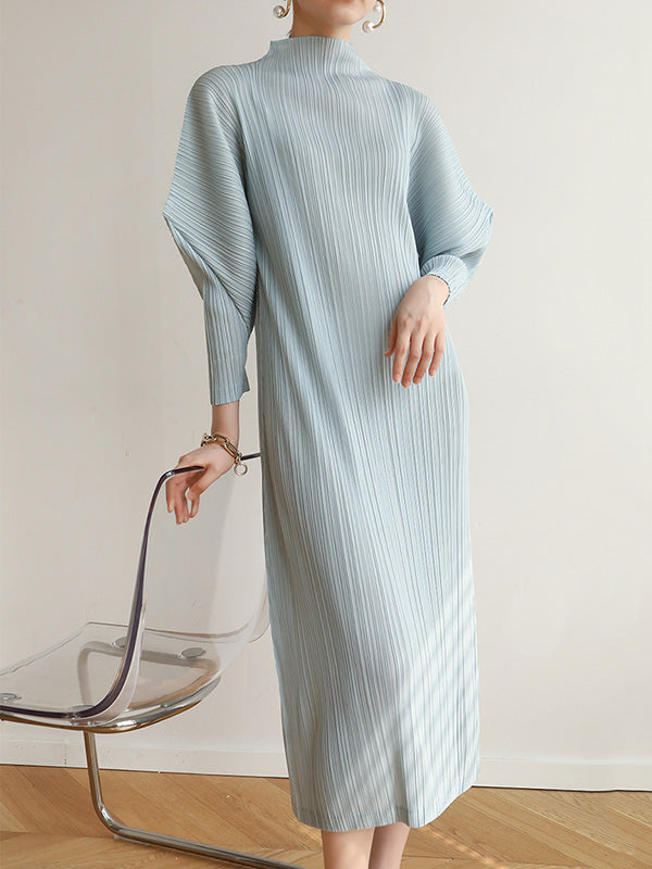 Original Creation Loose Long Sleeves Pleated Solid Color High-Neck Midi Dresses