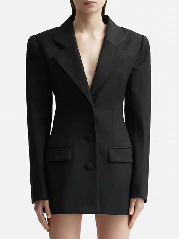 Backless Buttoned Hollow Rhine Stones Solid Color Long Sleeves Deep V-Neck Blazer