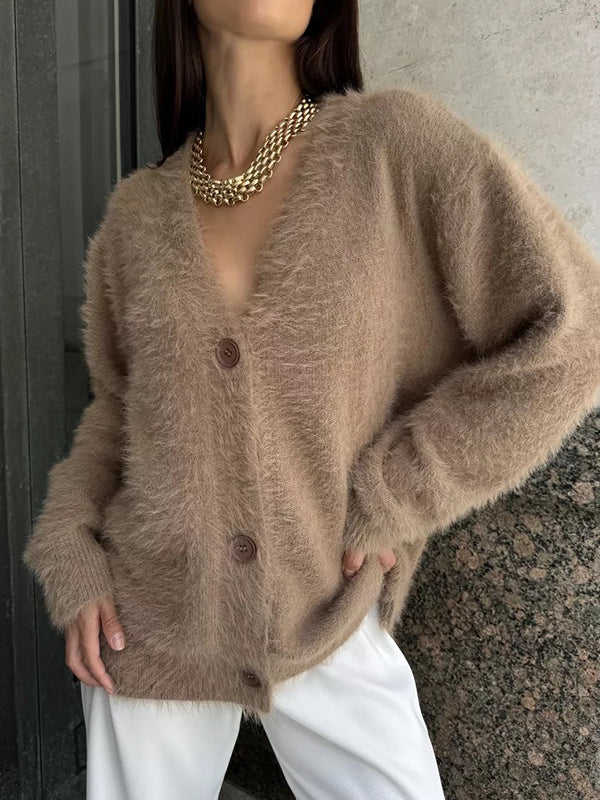 Buttoned Solid Color Long Sleeves Loose V-Neck Cardigan Tops
