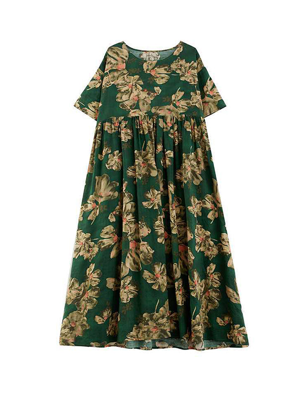 Flower Print Pleated Pockets Half Sleeves Loose Round-neck Midi Dresses