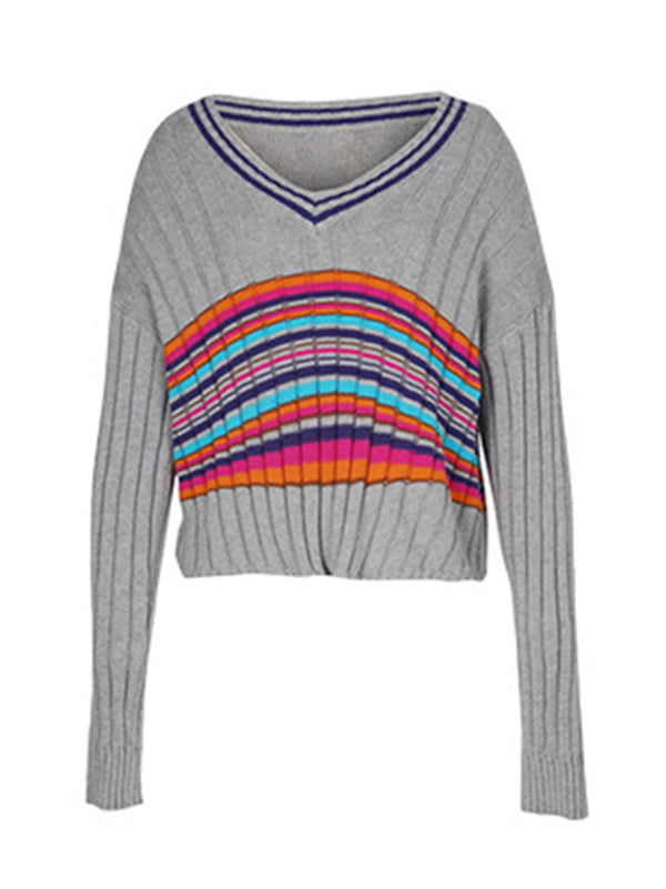 Casual Long Sleeves Striped V-Neck Sweater Tops