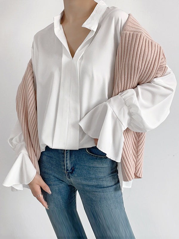 Buttoned Solid Color Split-Side Flared Sleeves High-Low V-Neck Blouses&Shirts Tops