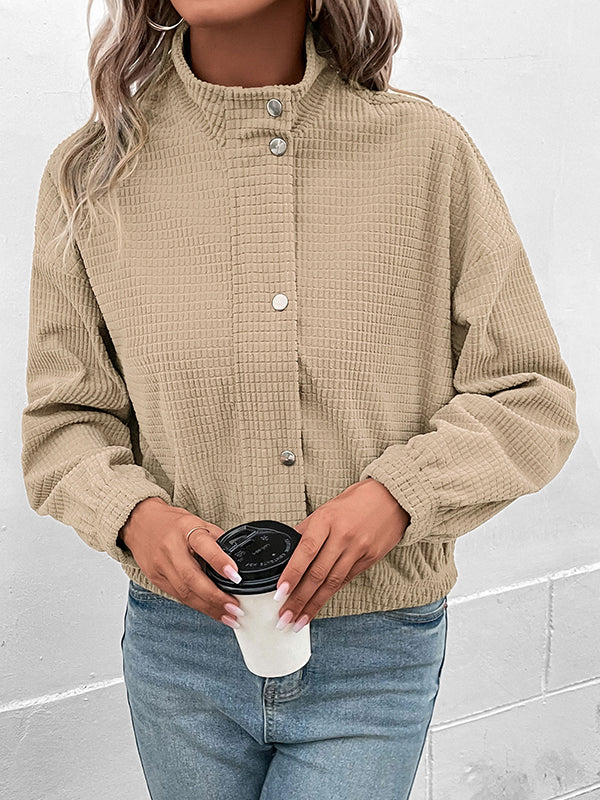 Buttoned Solid Color Zipper Long Sleeves Loose Lapel Jackets