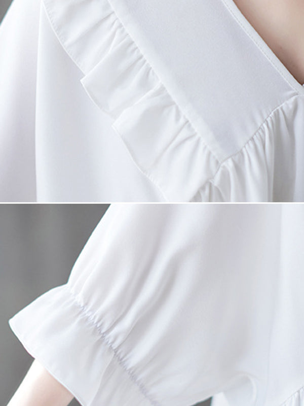 Ruffled Solid Color Loose Ruffle Sleeves Peter Pan Collar Blouses&Shirts Tops