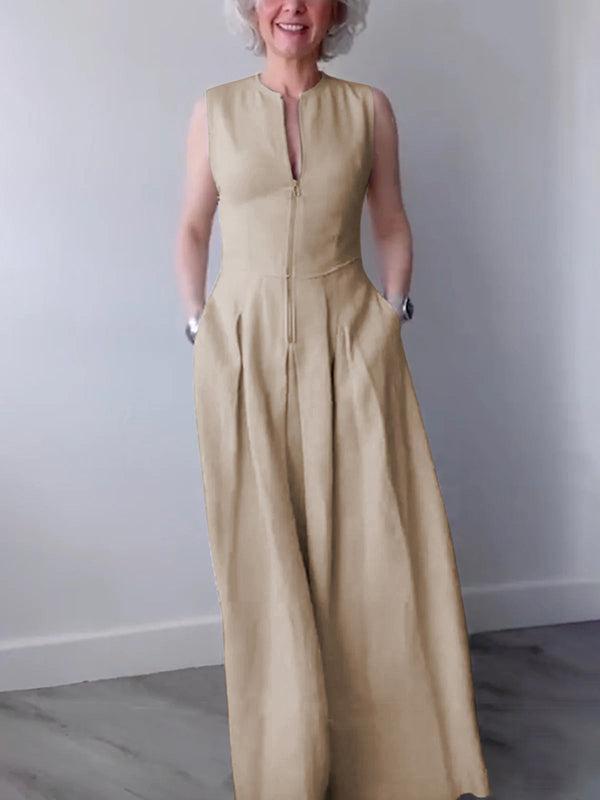 Pleated Pockets Split-Joint Zipper A-Line Loose Round-Neck Maxi Dresses