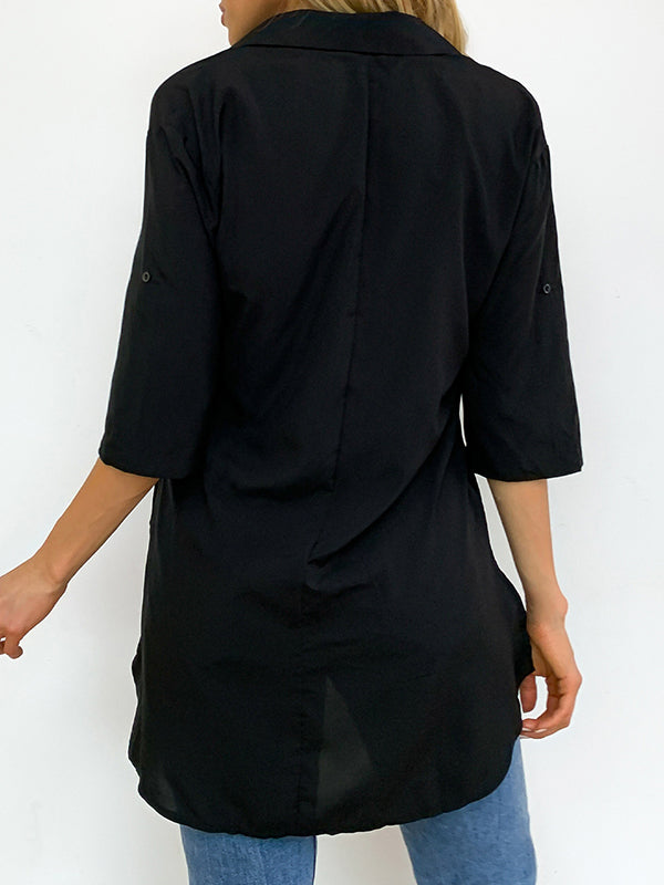 Pleated Solid Color Split-Joint Split-Side Half Sleeves Loose Lapel Blouses&Shirts Tops
