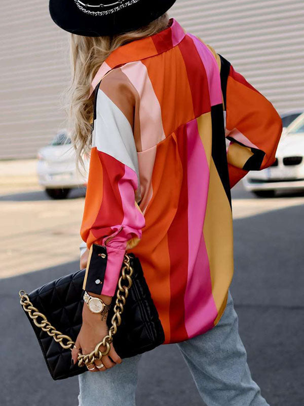 Contrast Color Printed Long Sleeves Loose Lapel Blouses