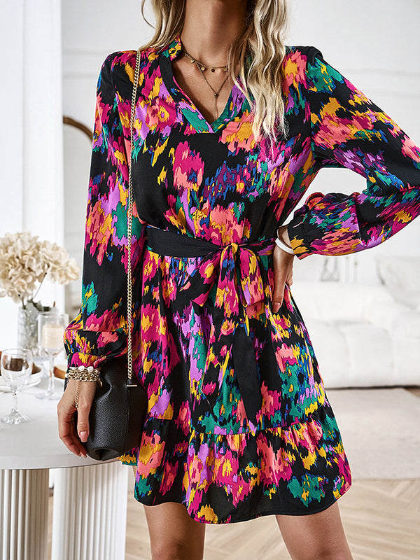 Printed Split-Joint Tied Waist Long Sleeves Loose V-Neck Mini Dresses