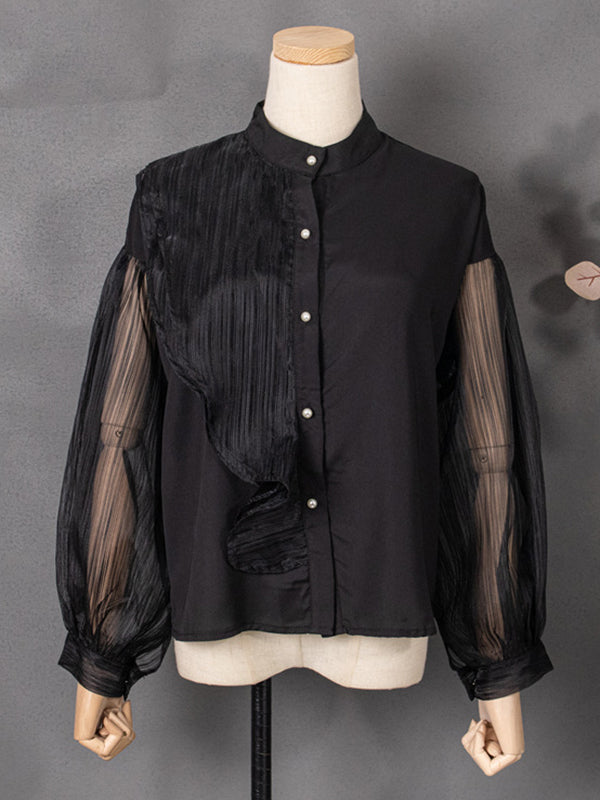 Asymmetric Buttoned See-Through Solid Color Split-Joint Long Sleeves Loose Stand Collar Blouses&shirts Tops