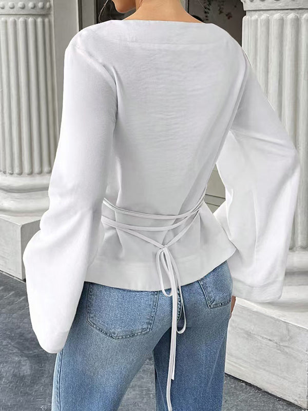 Solid Color Split-Joint Tied Waist Elasticated Waist Flared Sleeves Round-Neck T-Shirts Tops