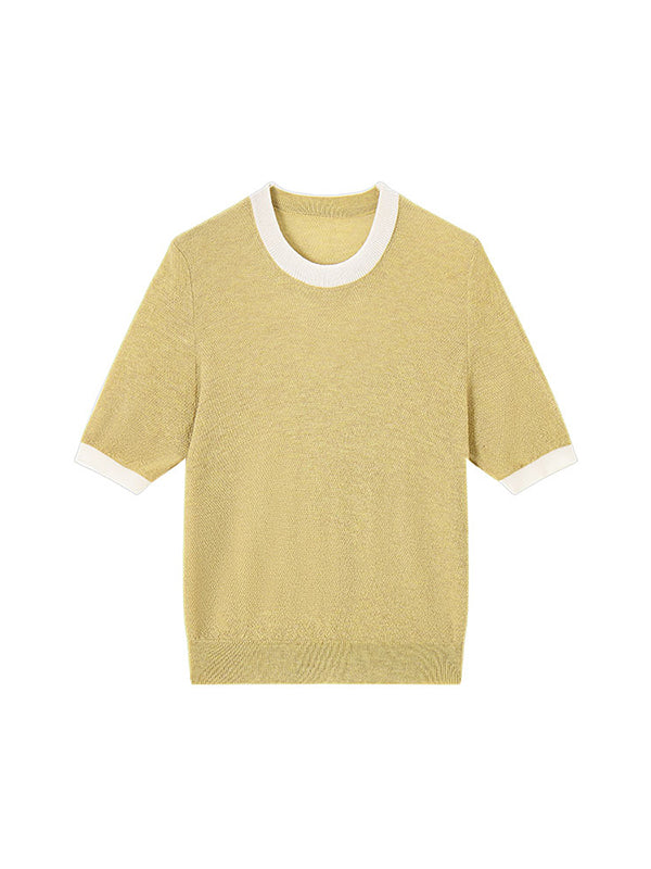 Contrast Color Loose Short Sleeves Round-Neck T-Shirts