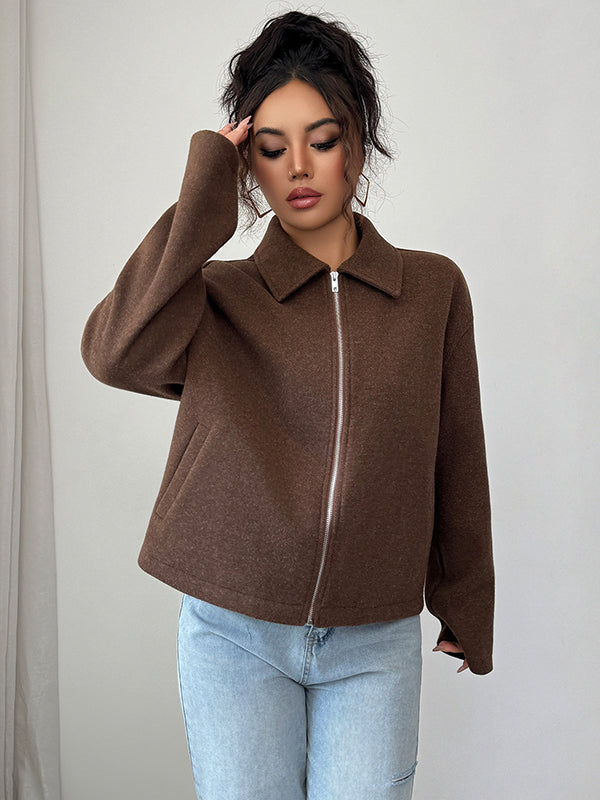 Solid Color Zipper Long Sleeves Loose Lapel Outerwear