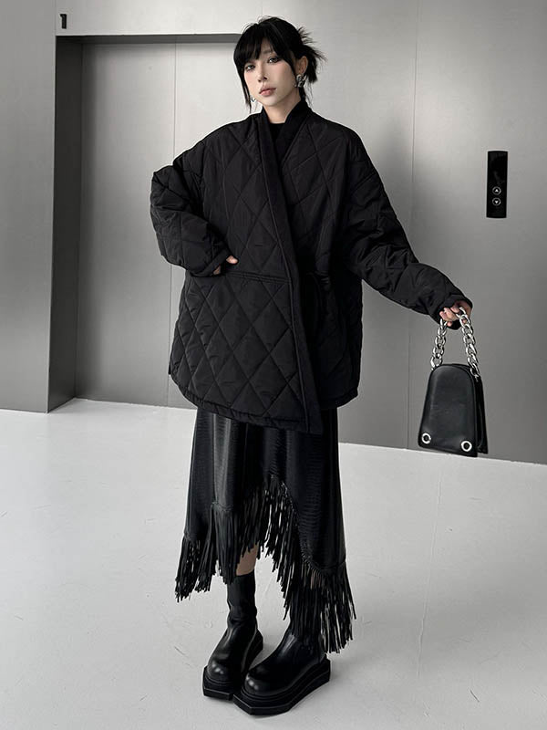 Plaid Quilted Solid Color Split-Joint Tied Long Sleeves Loose Collarless Padded Coat Outerwear