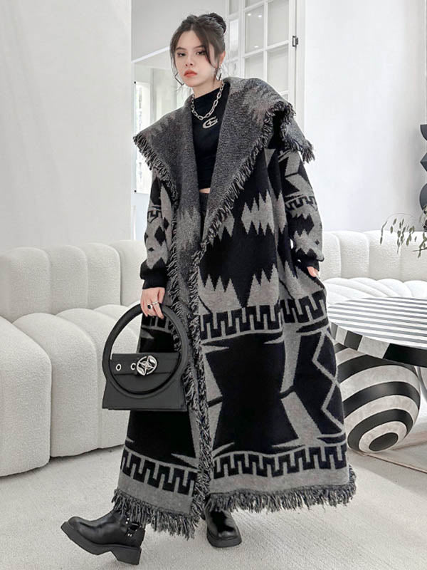 Contrast Color Geometric Split-Joint Tasseled Long Sleeves Loose Lapel Overcoat Outerwear