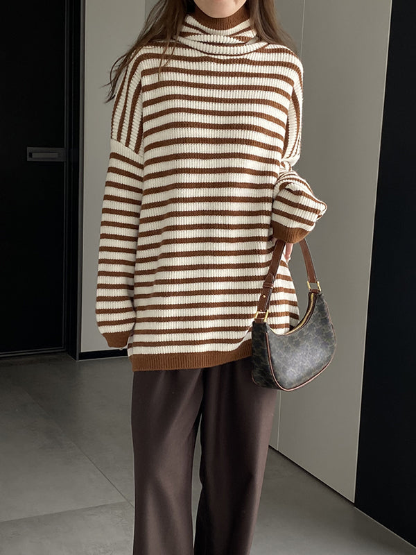 Striped Long Sleeves Loose High-Neck Sweater Pullovers Knitwear