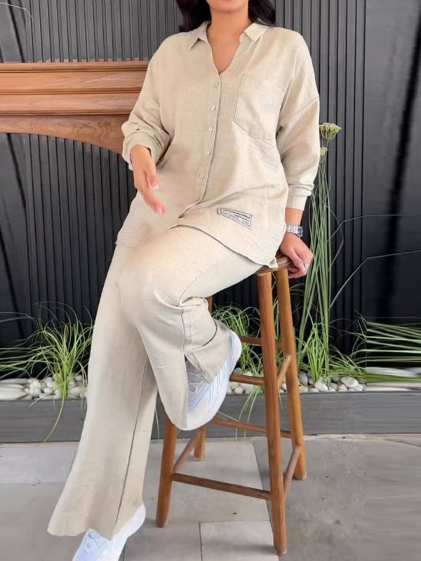 Solid Color Long Sleeves Buttoned Lapel Shirts Top + High Waisted Split-Side Pants Bottom Two Pieces Set