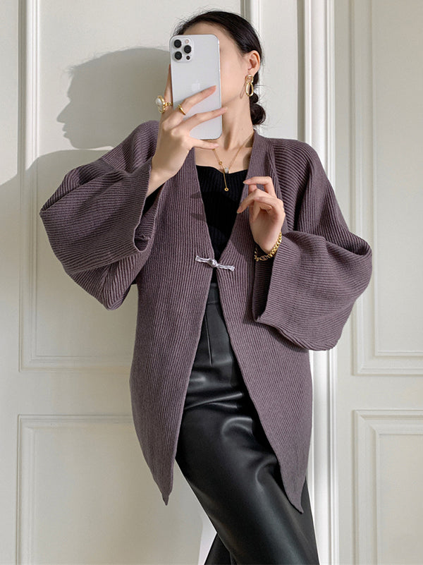 Long Sleeves Loose Solid Color Knitted Cardigan Tops