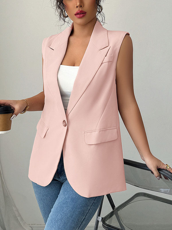 Buttoned Pockets Loose Sleeveless Notched Collar Vest Top Blazer