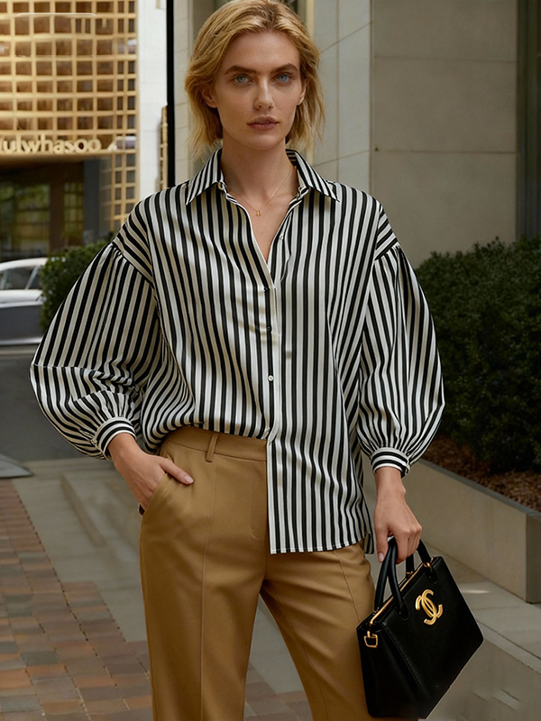 Long Sleeves Loose Buttoned Contrast Color Split-Joint Striped Lapel Blouses&Shirts Tops
