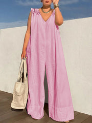 Pleated Solid Color Zipper Loose Sleeveless V-Neck Jumpsuits