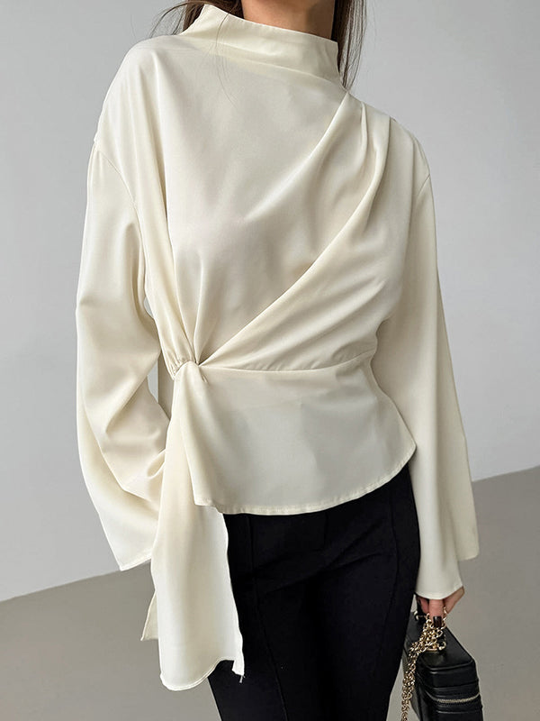 Pleated Solid Color Zipper Flared Sleeves Long Sleeves Stand Collar Blouses&Shirts Tops