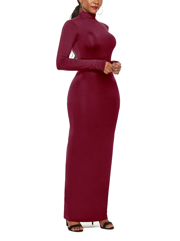 Solid Color Bodycon Long Sleeves High Neck Maxi Dresses