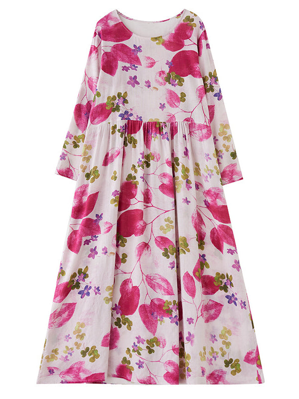 Flower Print Split-Joint Long Sleeves Loose Round-Neck Midi Dresses