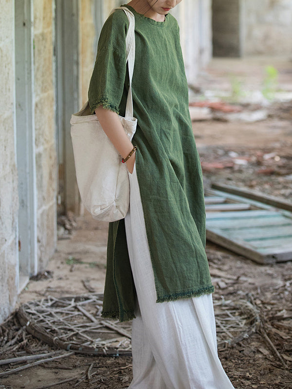 Fringed Solid Color Split-Side Half Sleeves Round-Neck Midi Dresses