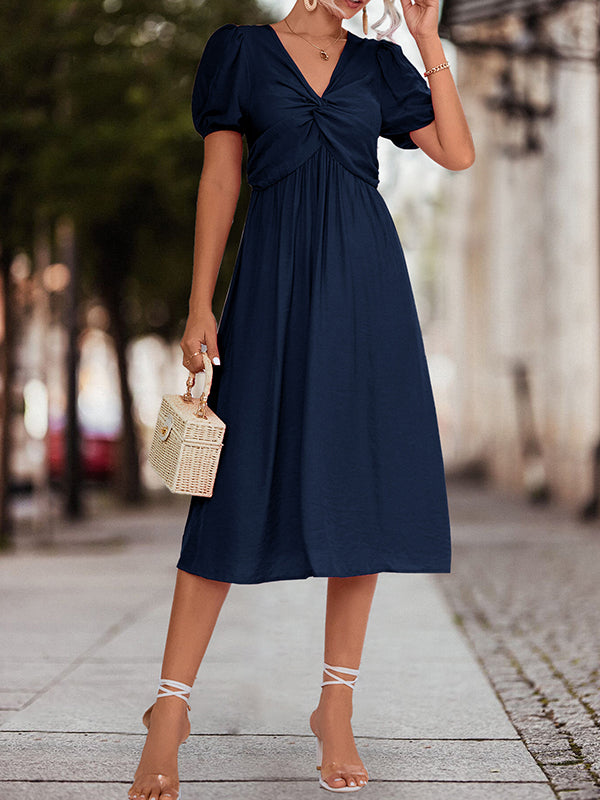 Elasticity Knot Pleated Solid Color Split-Joint A-line High Waisted V-neck Midi Dresses