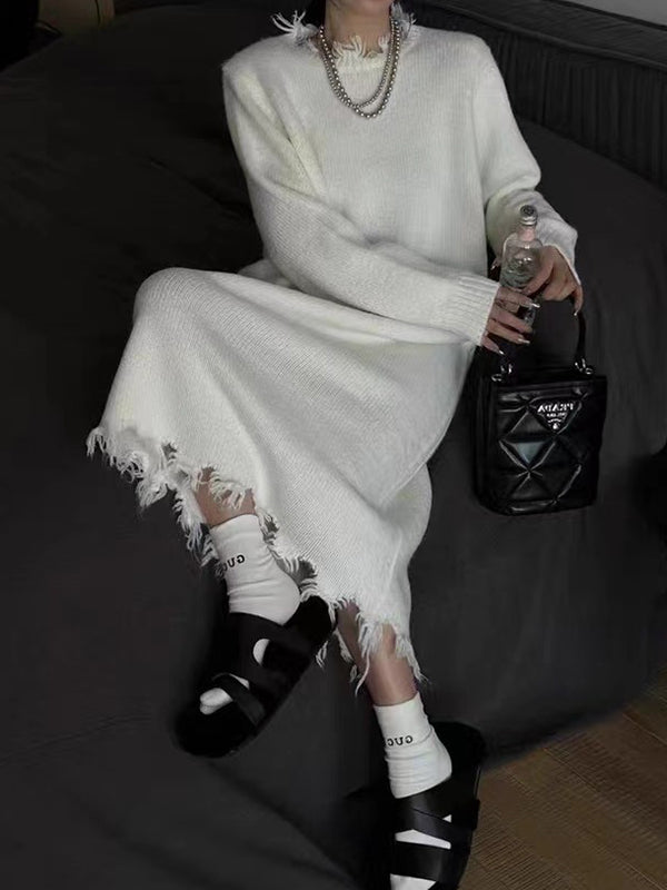 Fringed Solid Color High Waisted Long Sleeves Round-Neck Sweater Dresses Midi Dresses