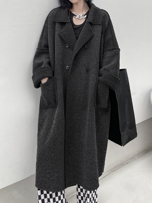Buttoned Pockets Solid Color Velvet Long Sleeves Loose Lapel Woolen Coat