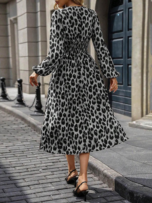 Contrast Color Leopard Pleated Split-Joint Elasticated Waist High Waisted V-Neck Maxi Dresses