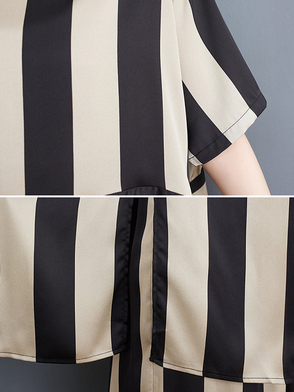 Striped Irregular clipping Loose Round-neck Two Pieces Set