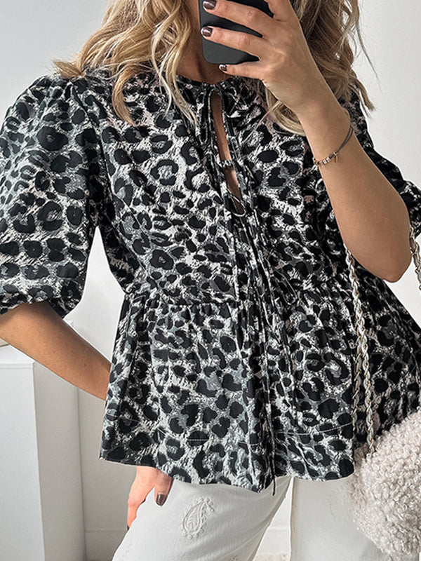 Elasticity Leopard Pleated Split-Joint Tied Half Sleeves Loose Round-Neck Blouses&Shirts Tops